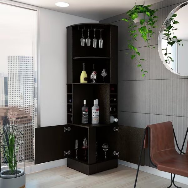 Syrah Corner Bar Cabinet, Eight Bottle Cubbies, Double Door, Two Open Shelves-Black, Tuhome, Mfr#: BLW5546